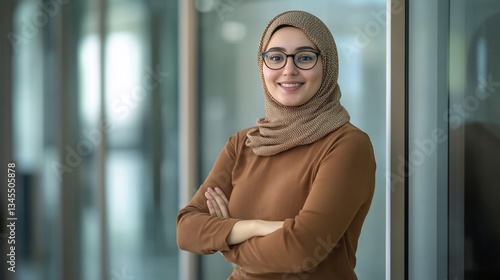 Confident woman hijab office portrait, arms crossed, modern background, corporate headshot