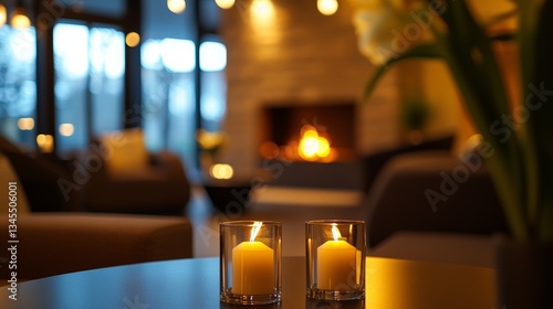 Cozy contemporary living room with comfortable seating and a fireplace, blending elegance and warmth.