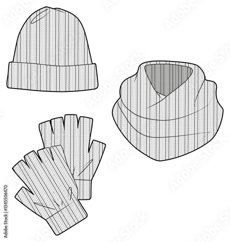 Women accesory hat scarf gloves, production drawing, technical drawing / flat sketch /CAD / ADOBE Illustrator vector digital download