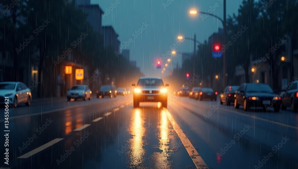 Fototapeta premium Blurred Background of Rainy Street with Car Headlights, Creating a Moody and Cinematic Atmosphere