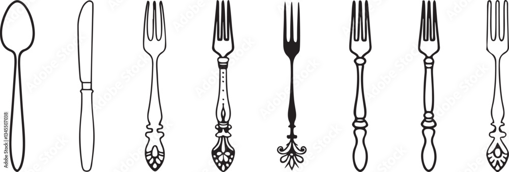 Ornate Fork Designs in a Row. Highlighting Elegance and Craftsmanship. set Ornate Fork Designs in a Row. Highlighting Elegance and Craftsmanship. set