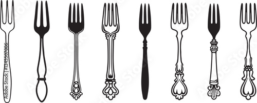 Ornate Fork Designs in a Row. Highlighting Elegance and Craftsmanship. set