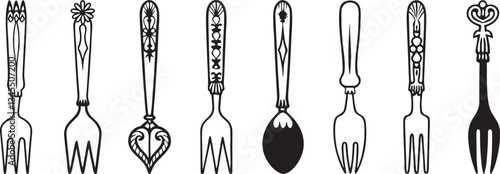 Vintage Cutlery Set Featuring Elegant Fork and Spoon Handle Patterns. silhouette design set.