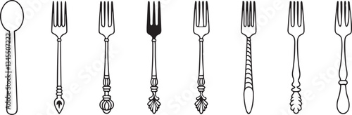 Vintage Cutlery Set Featuring Elegant Fork and Spoon Handle Patterns. silhouette design set.