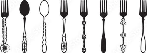 Vintage Cutlery Set Featuring Elegant Fork and Spoon Handle Patterns. silhouette design set.