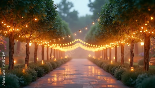 Blurred Background of a Wedding Venue with Romantic Fairy Lights, Symbolizing Love and Celebration
