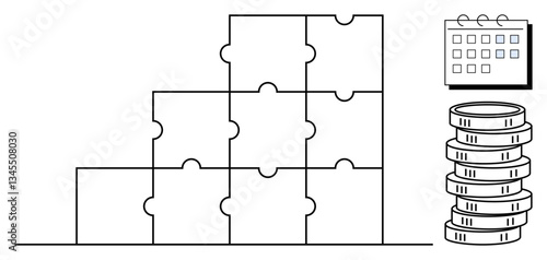 Puzzle blocks forming a structure, calendar displaying dates, stacked coins indicating finance. Ideal for strategy, organization, teamwork, scheduling, savings business planning efficiency. Flat