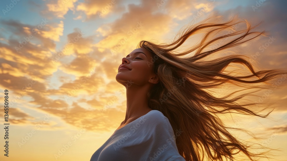 Woman's hair blowing sunset cloudscape freedom Woman's hair blowing sunset cloudscape freedom
