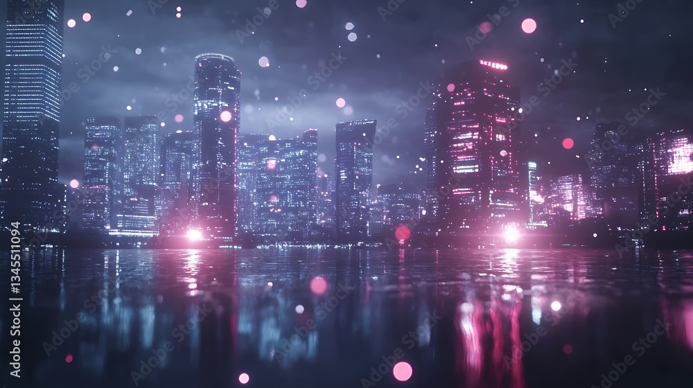 Obraz premium A futuristic cityscape at night, illuminated by glowing lights and reflections on water.