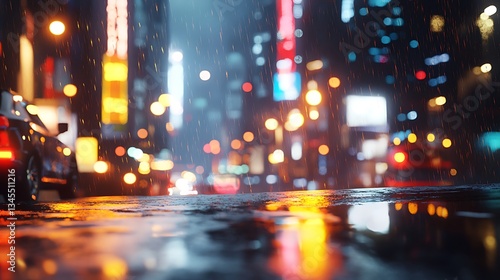 A rainy urban scene with glowing lights reflecting on wet streets.