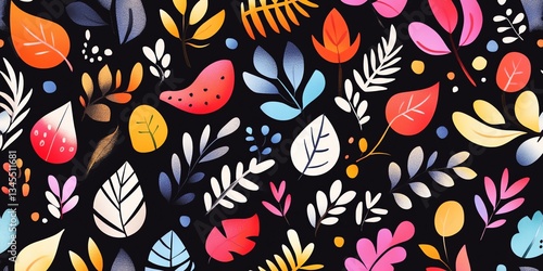 Wallpaper Mural Colorful Leaves Pattern on Dark Background, Artistic and Modern Design Torontodigital.ca