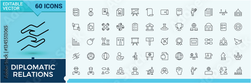 Diplomacy icon set. Contain linear sign politic, peace, politics, ambassador, diplomat, bilateral and more. Isolated icons. Alliance icon collection. Vector illustration in modern line style.