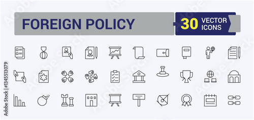 Diplomacy icon set. Contain linear sign politic, peace, politics, ambassador, diplomat, bilateral and more. Isolated icons. Alliance icon collection. Vector illustration in modern line style.