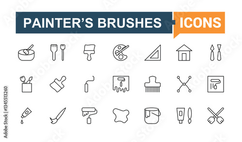 Paint Tools icon pack. Contains such icons as colours, tool, brush, bucket, watercolor, roller, art and more. Minimalist linear icons. Paint Brushes icon set. Editable vector. Pixel perfect.