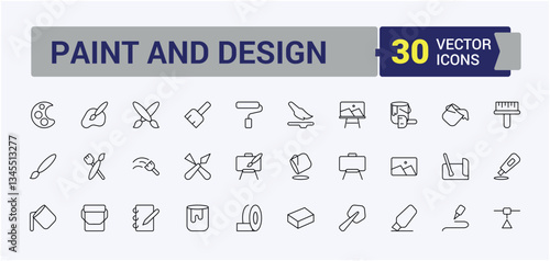Paint Tools icon pack. Contains such icons as colours, tool, brush, bucket, watercolor, roller, art and more. Minimalist linear icons. Paint Brushes icon set. Editable vector. Pixel perfect.