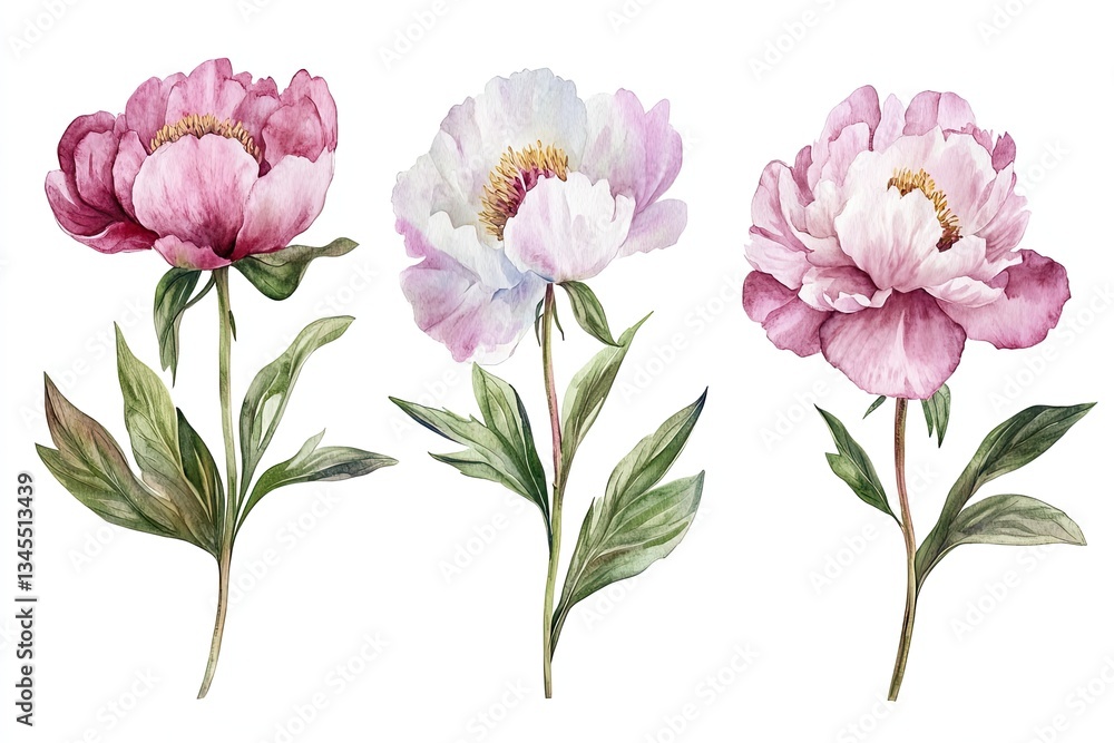 set of watercolor soft pastel peonies hand drawn on a white background set of watercolor soft pastel peonies hand drawn on a white background