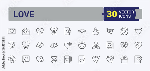 Love And Care related icon set. Containing partnership, support, help, love, interaction and more. Vector outline icons collection. Heart modern icon set. Vector artwork and illustration.