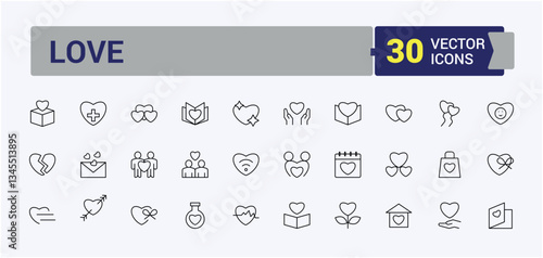 Love And Care related icon set. Containing partnership, support, help, love, interaction and more. Vector outline icons collection. Heart modern icon set. Vector artwork and illustration.