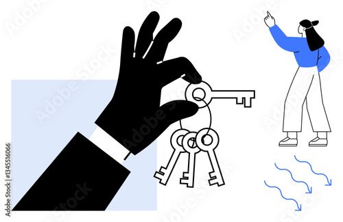 Hand holding keys symbolizing access or solutions while a woman gestures upward. Ideal for leadership, opportunity, guidance, decision-making, ownership, empowerment, flat simple metaphor