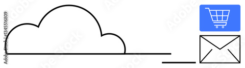 Cloud connected to an envelope with a shopping cart icon, representing digital solutions. Ideal for cloud computing, online shopping, email marketing, communication, e-commerce, technology trends