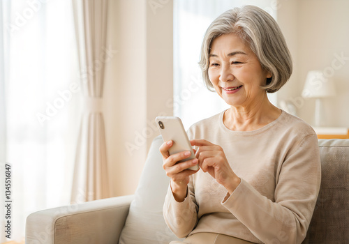 senior woman using a smartphone, AI generated