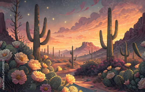 Desert Sunset Cactus Blossom Scene  Serene Landscape with Vibrant Sky and Blooming Cacti