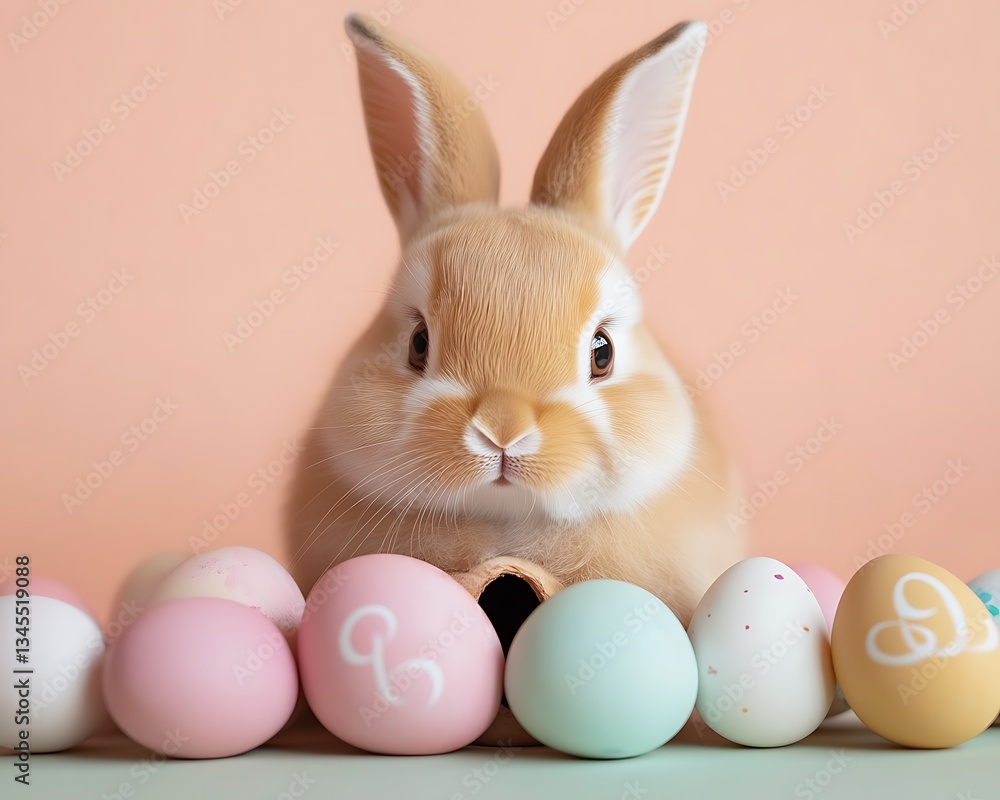 Fototapeta premium Cute Bunny with Pastel Easter Eggs.