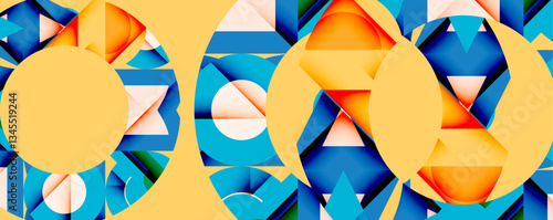 Abstract geometric composition with interlocking circular and angular shapes, featuring smooth gradients and sharp contrasts on a white background