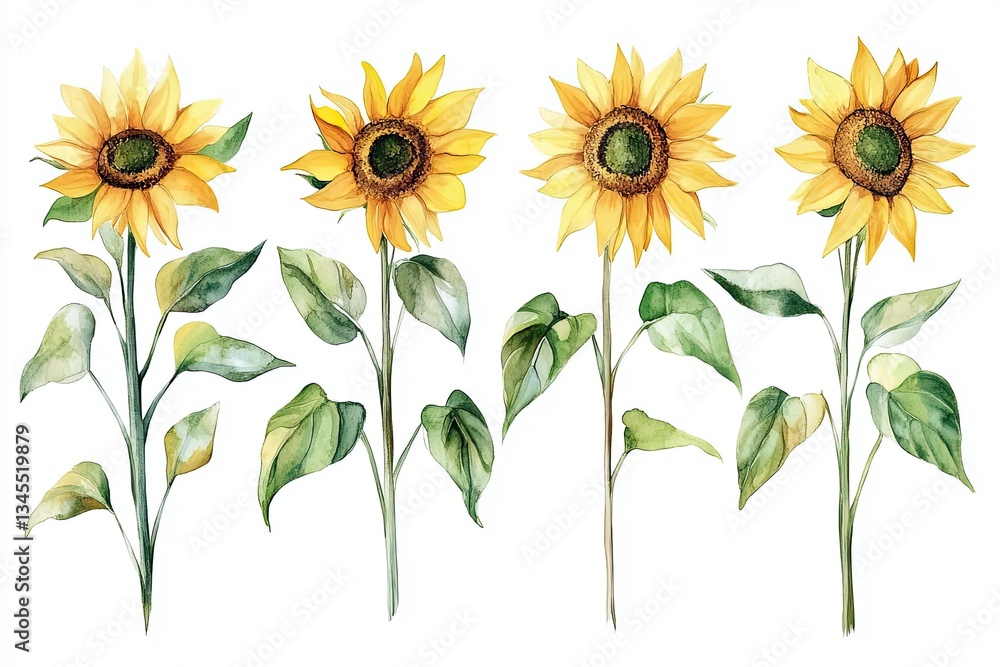 Fototapeta premium Set of watercolor Sunflower Leaves hand drawn on a white background
