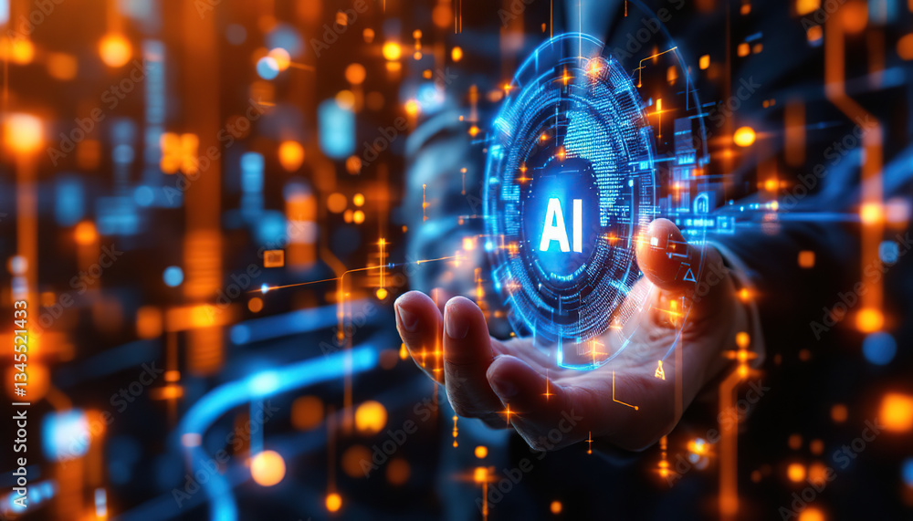 A human hand holding a digital AI concept symbol A human hand holding a digital AI concept symbol