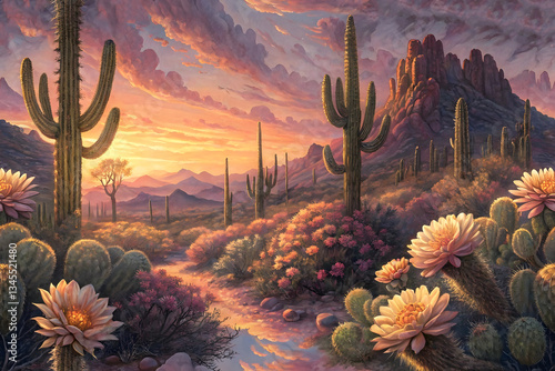 Desert Sunset Cactus Blossom Scene  Serene Landscape with Vibrant Sky and Blooming Cacti