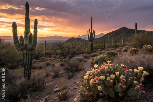 Desert Sunset Cactus Blossom Scene  Serene Landscape with Vibrant Sky and Blooming Cacti