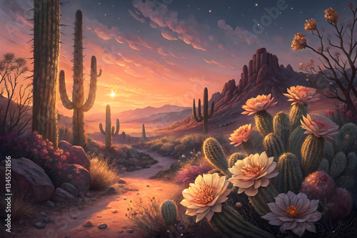 Desert Sunset Cactus Blossom Scene  Serene Landscape with Vibrant Sky and Blooming Cacti