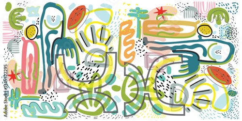 Abstract colorful digital artwork with various shapes and lines creating a playful doodle like comp