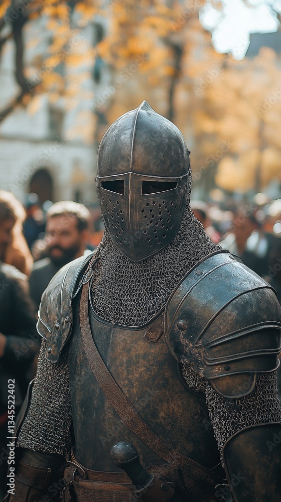 Among a hazy throng of people in a contemporary city is a mediaeval knight in armour. Among a hazy throng of people in a contemporary city is a mediaeval knight in armour.