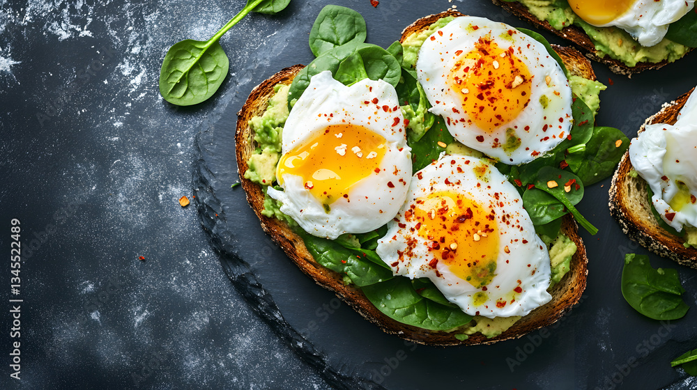 A spinach and avocado toast with poached eggs and chili flakes. A spinach and avocado toast with poached eggs and chili flakes.