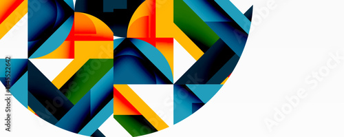 Abstract geometric artwork with interwoven angular and curved shapes, dynamic composition with smooth gradients and bold contrasts