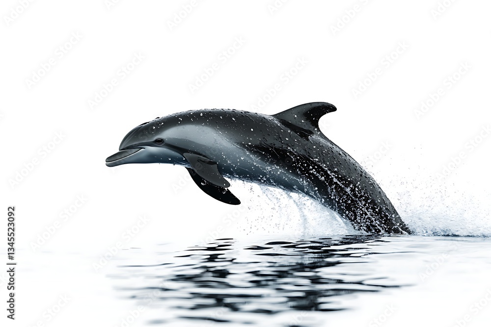 Obraz premium Dolphin jumping above calm ocean with sunlight reflecting off of water. Stock photo