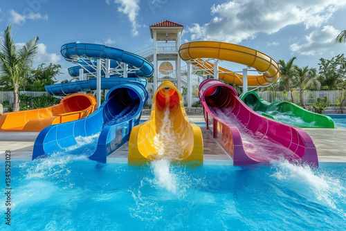 kids going down water slide at a park in summer 