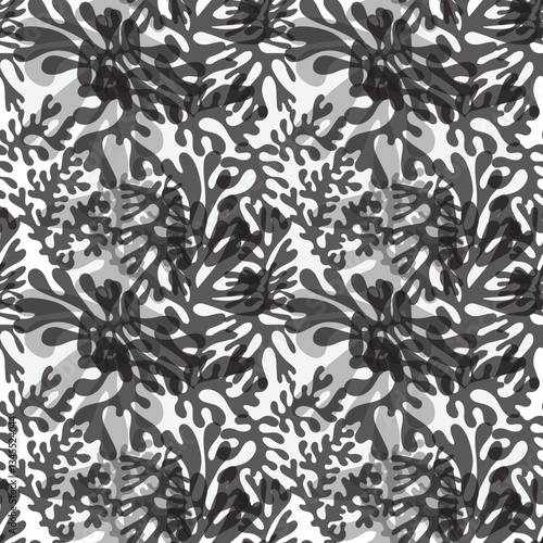 Pattern of abstract coral shapes in varying shades of gray and black on a light gray background, creating a dynamic, fluid design.

