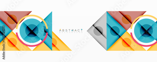 Geometric abstract design with layered triangles, circles, and gradients, forming a structured pattern with sharp contrasts and depth