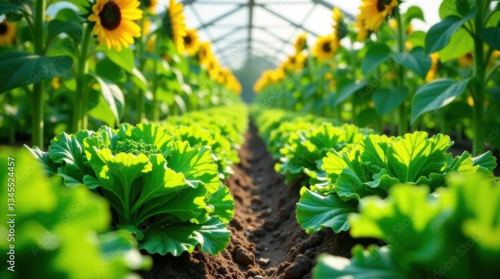Sunlit Rows of Vibrant Green Leafy Vegetables Growing Amongst Tall Sunflowers in a Greenhouse Setting Sunlit Rows of Vibrant Green Leafy Vegetables Growing Amongst Tall Sunflowers in a Greenhouse Setting