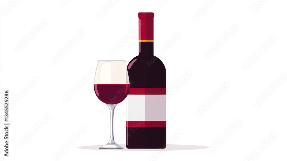 Wine glass and bottle on white background; still life; food and drink; restaurant illustration Wine glass and bottle on white background; still life; food and drink; restaurant illustration