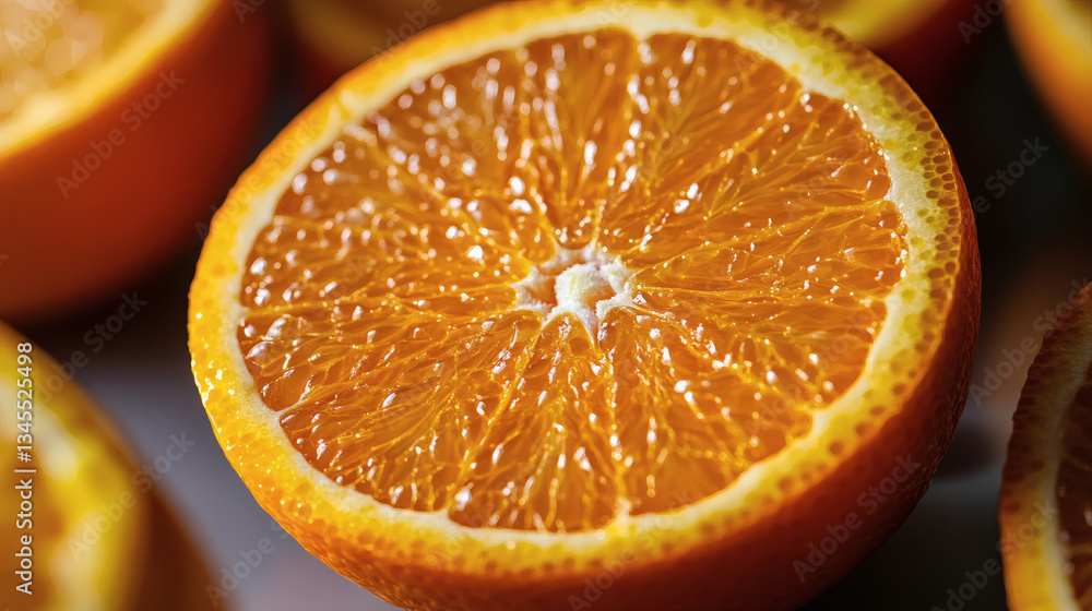 Juicy Citrus Delight: A close-up shot showcases the vibrant texture and refreshing appeal of a sliced orange. Juicy Citrus Delight: A close-up shot showcases the vibrant texture and refreshing appeal of a sliced orange.