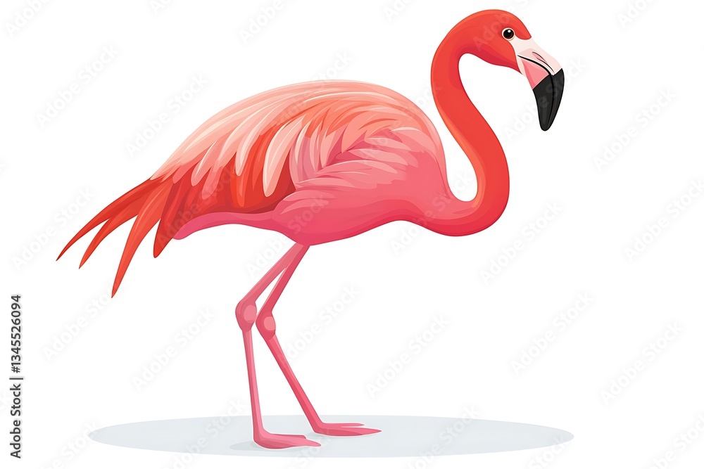 Fototapeta premium Pink flamingo stands tall, isolated on white background. Illustration for design