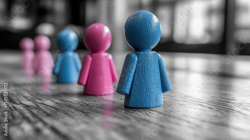 female leader heading up the team light blue and pink person shape blocks