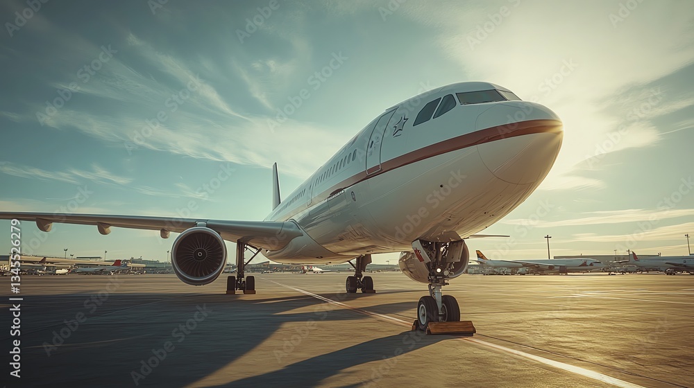 Obraz premium Airplane on the Tarmac Ready for Takeoff with Golden Sunset Light
