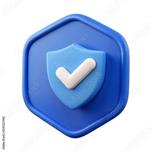 Blue shield with white checkmark. Security, protection, safety, verified, approval, confirmation. Digital asset. Minimal 3d cartoon icon render, isolated on a transparent background, PNG.