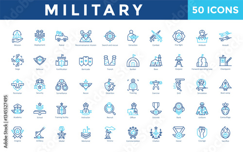 Military icon set with mission, deployment, patrol, reconnaissance mission, search and rescue, extraction, combat, fire fight, ambush, assault icon. Simple outline color vector 

