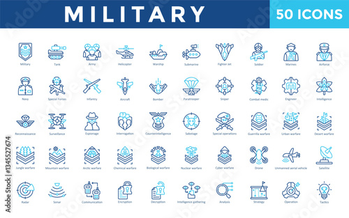 Military icon set with military, tank, army, helicopter, warship, submarine, fighter jet, soldier, marines, airforce icon. Simple outline color vector 
